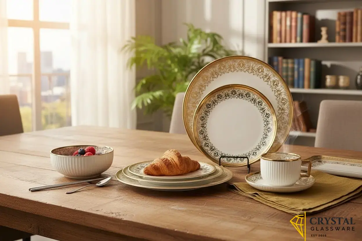 32 Piece Noritake Summit Gold dinner plate, featuring a wide, etched gold rim and a detailed, scrolled leaf pattern